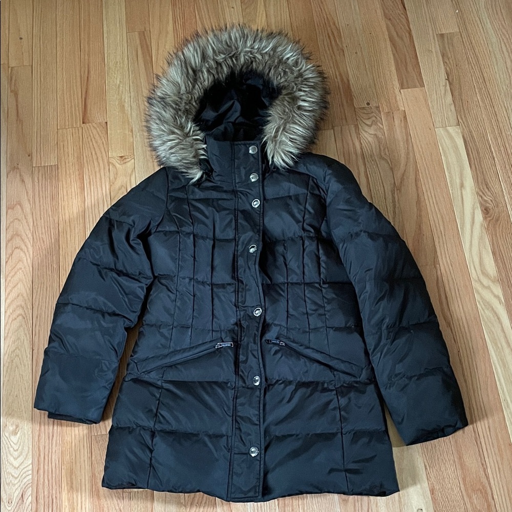 London Fog Puffer Jacket Womens Small Black Faux Fur Trim Down Coat Mid Length